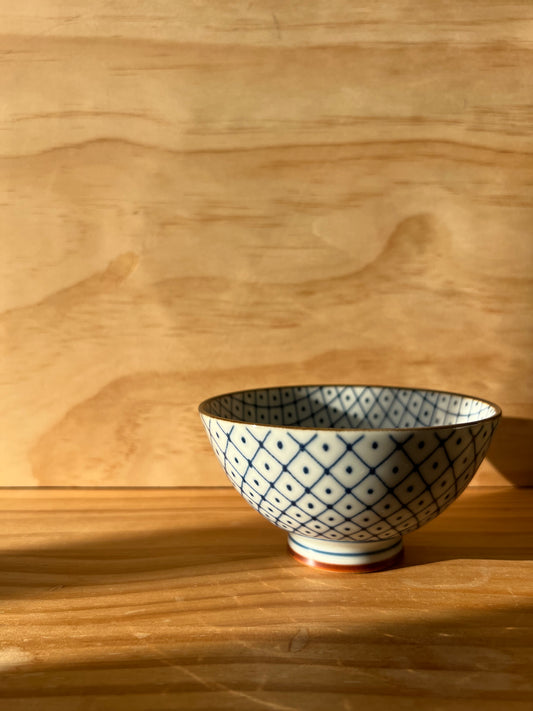 Arita-yaki Bowl "Koushi to Ten" | Japanese Blue & White Bowl 12cm - Lattice & Dot