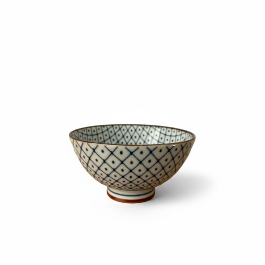 Arita-yaki Bowl "Koushi to Ten" | Japanese Blue & White Bowl 12cm - Lattice & Dot